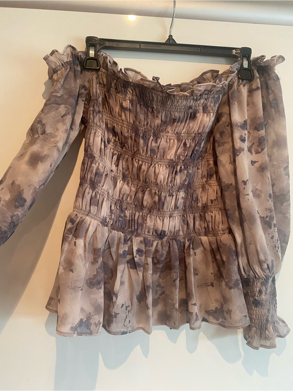 Smocked Off-Shoulder Watercolor Blouse in Taupe Gray